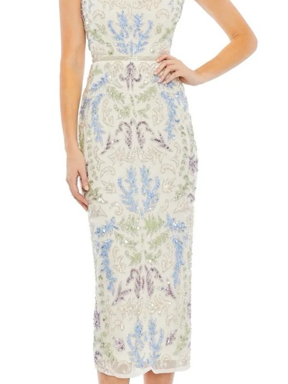 Mac Duggal Ivory Midi Dress with Pastel Blue, Green and Lavender Embroidery
